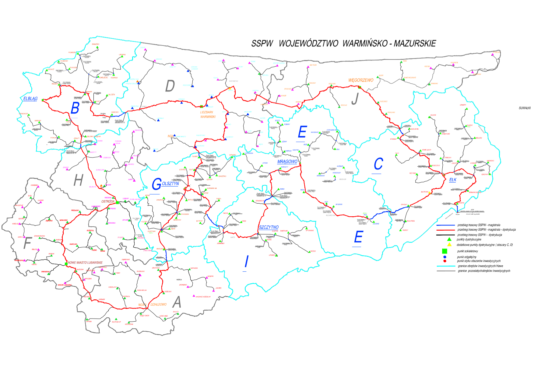 Mapa sieci szkieletowej z podziałem na obszary inwestycyjne