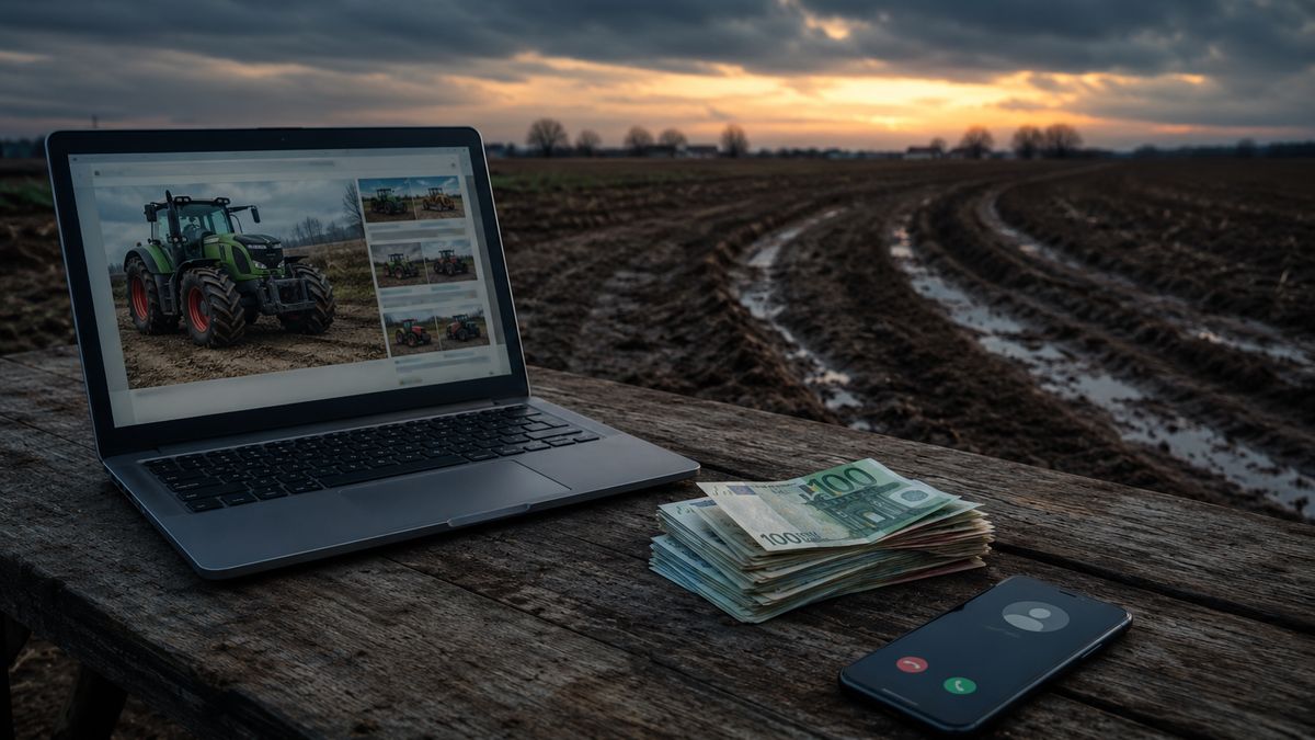 Laptop z ogłoszeniem sprzedaży maszyny rolniczej, banknoty i tel