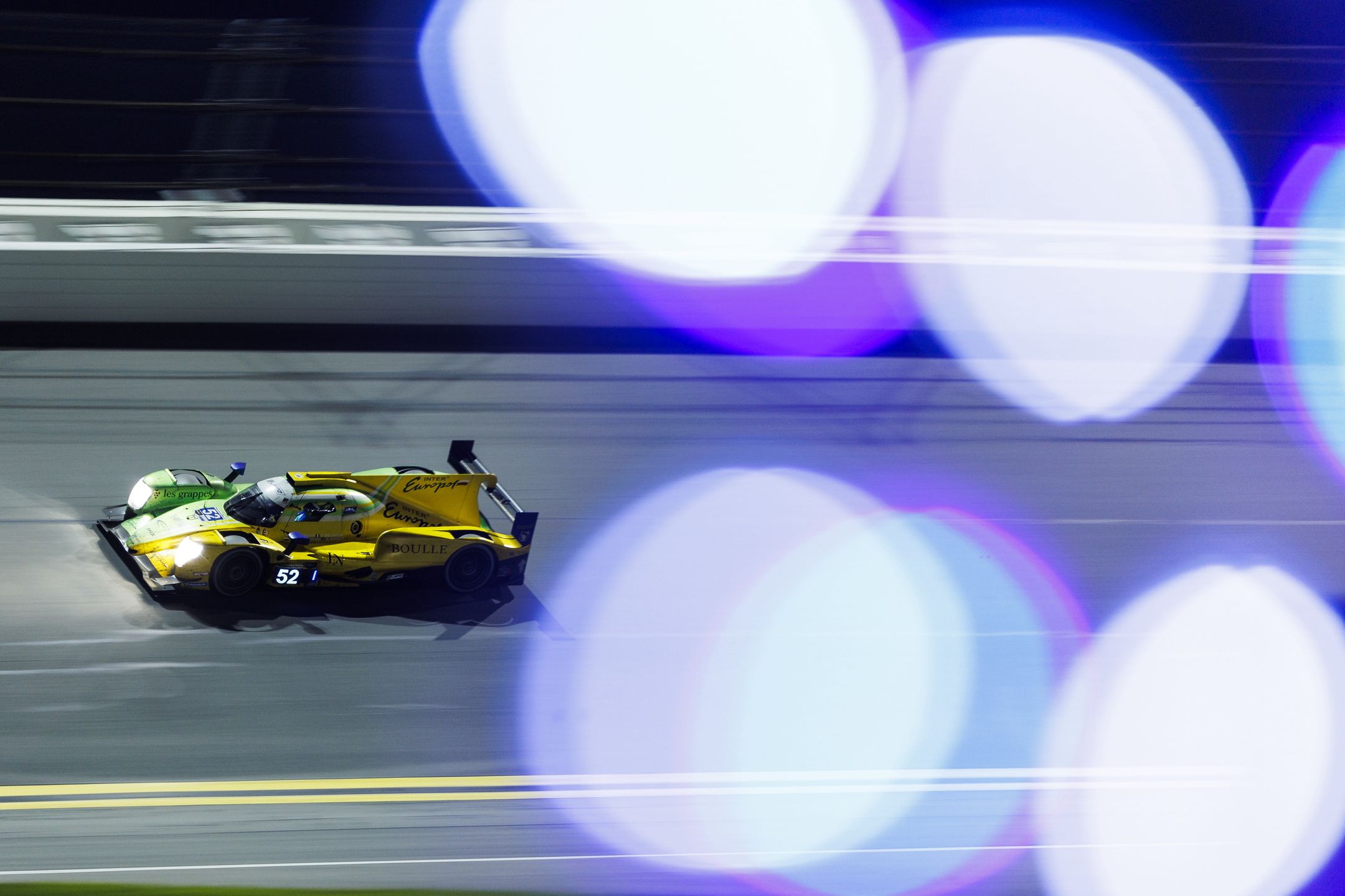 DAYTONA BEACH, FLORIDA - JANUARY 28: The #52 Inter Europol by PR1 Mathiasen Motorsports ORECA LMP2 07 of Jakub Smiechowski, Nick Boulle, Tom Dillmann and Clement Novalak drives during the Rolex 24 at Daytona International Speedway on January 28, 2024 in Daytona Beach, Florida. (Photo by James Gilbert/Getty Images)