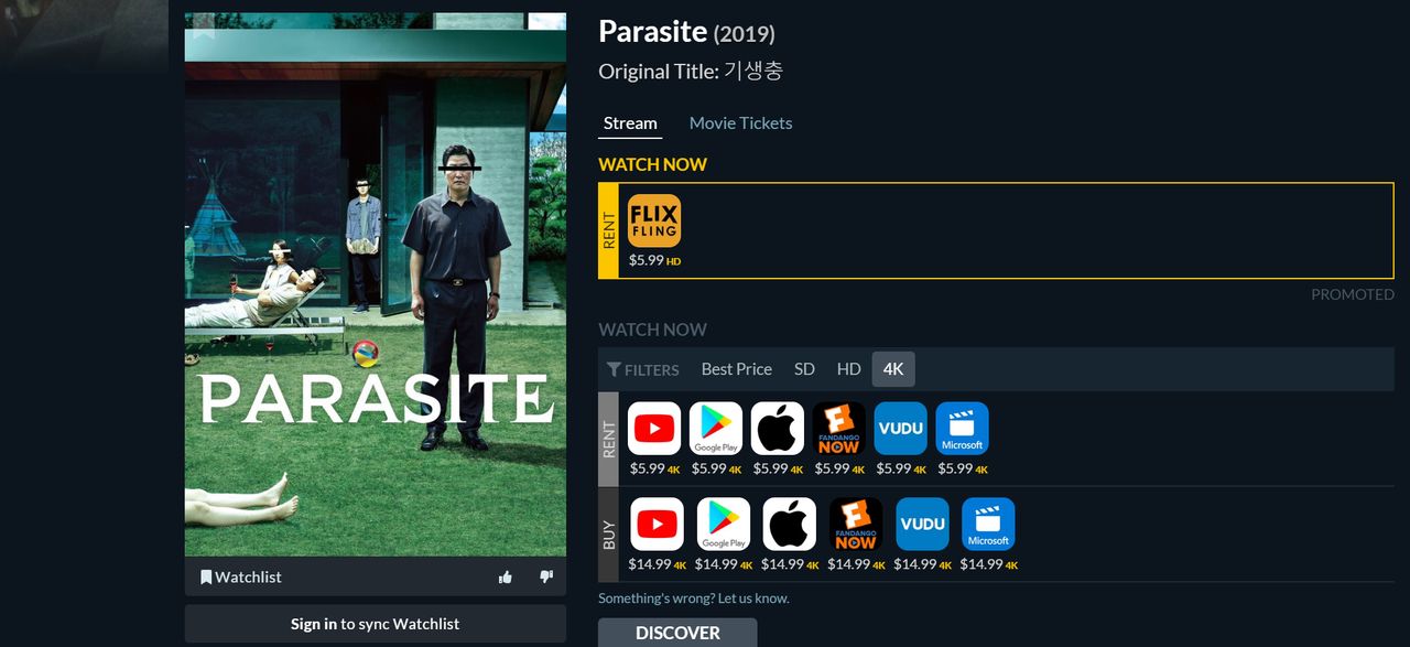 Na bogactwo wyboru z "Parasite" nie mogą narzekać Amerykanie. Aż sześć serwisów oferuje tam film w 4K.