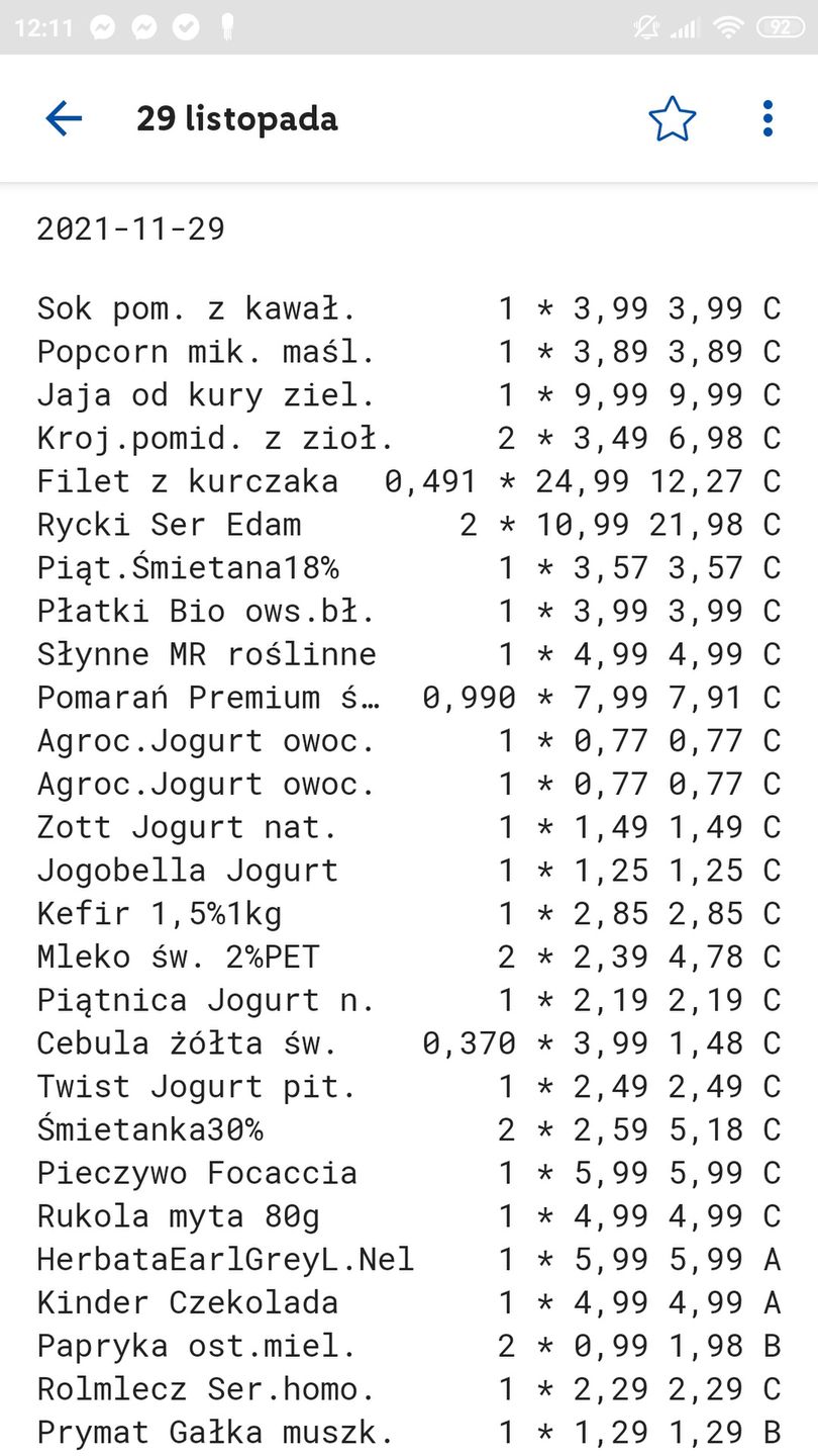 Paragony pokazujące wzrost cen produktów spożywczych