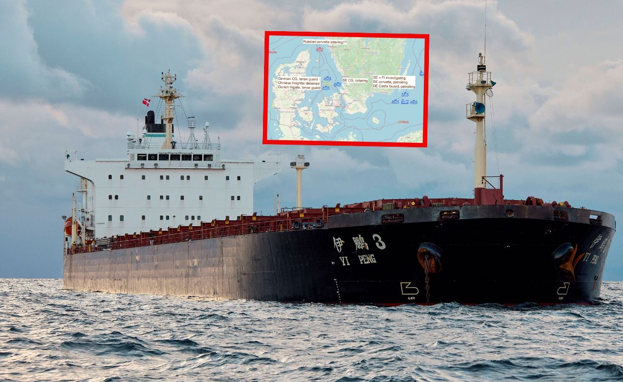 A German patrol ship, Danish warships, and a Swedish coast guard vessel are guarding the Chinese freighter 'Yi Peng 3' anchored in the Kattegat Strait.