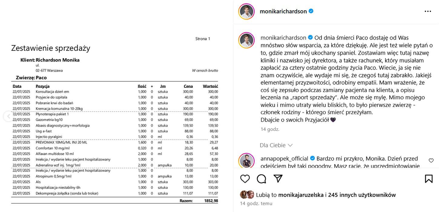 Rachunek z kliniki, gdzie zmarł pies Moniki Richardson