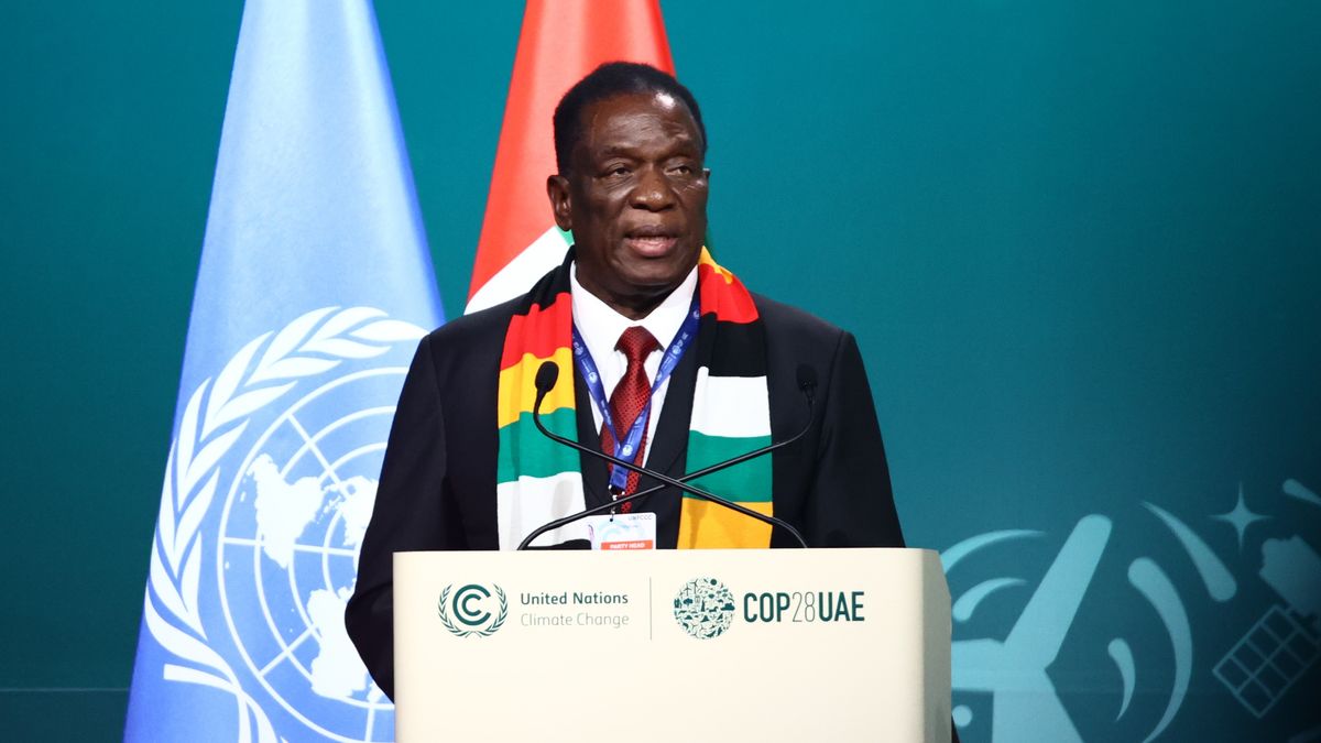 COP28 In Dubai High Level Segment
President of Zimbabwe Emmerson Mnangagwa during the United Nations Climate Change Conference COP28 High Level Segment meeting in Dubai, United Arab Emirates on December 1, 2023. (Photo by Jakub Porzycki/NurPhoto via Getty Images)
NurPhoto
cop, cop28, climate change conference, expo city, conference, emblem, site, statement, summit, uae, un, high level segment, december 1, jakub porzycki, nurphoto, international relations, environmental policy, global warming, un conference, carbon emissions, sustainable development, world leaders, international cooperation, greenhouse gases, environmental summit, climate negotiation, emission reduction, climate strategy, environmental diplomacy, climate resilience, global summit, climate commitment