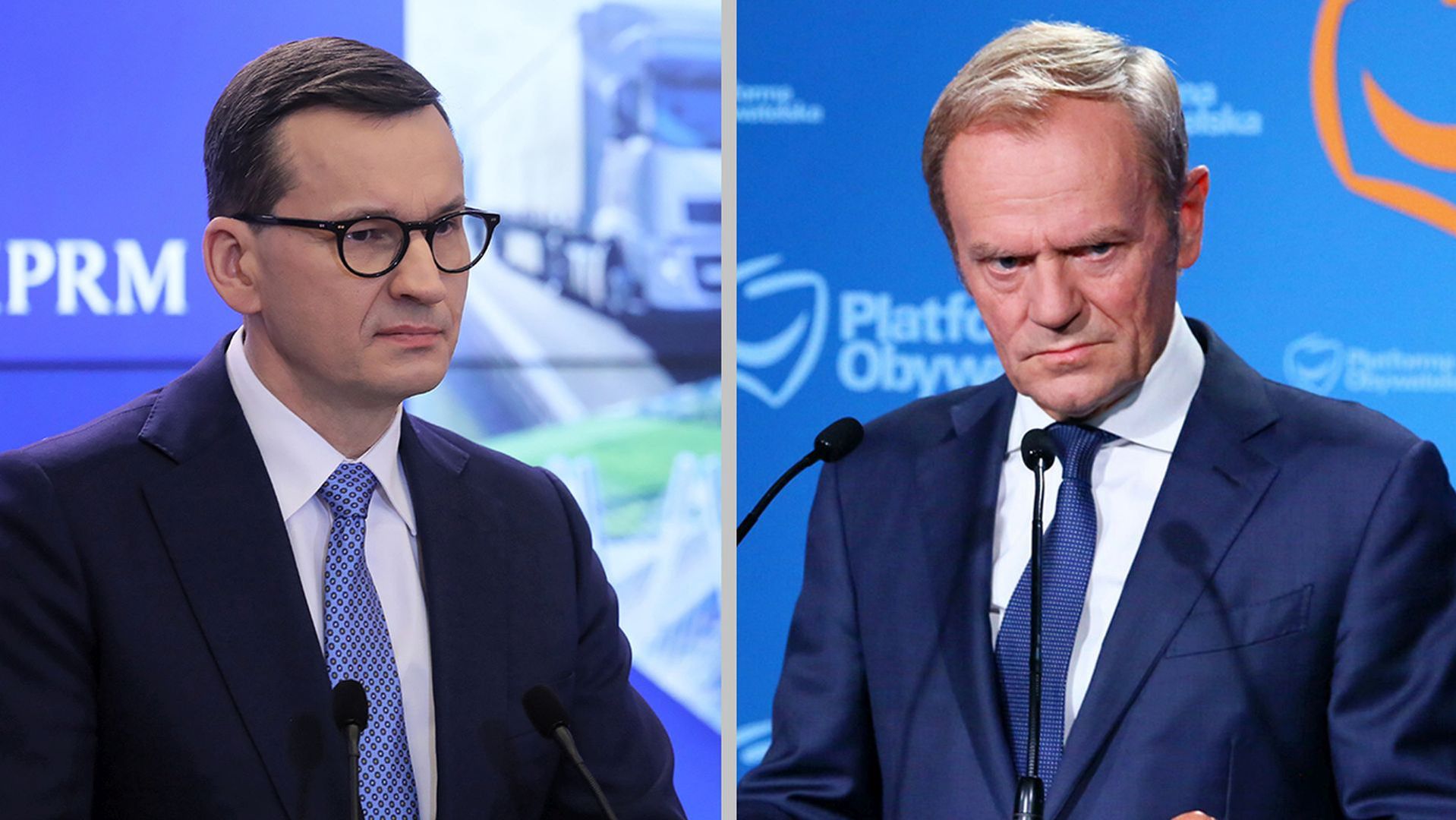 Premier Mateusz Morawiecki i Donald Tusk, lider PO 