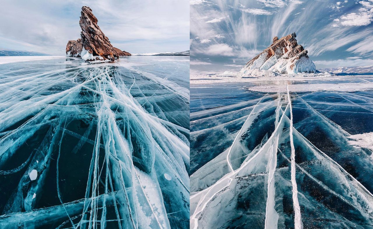 Tafla lodu na Bajkale to kopalnia fotograficznych okazji dla śmiałków