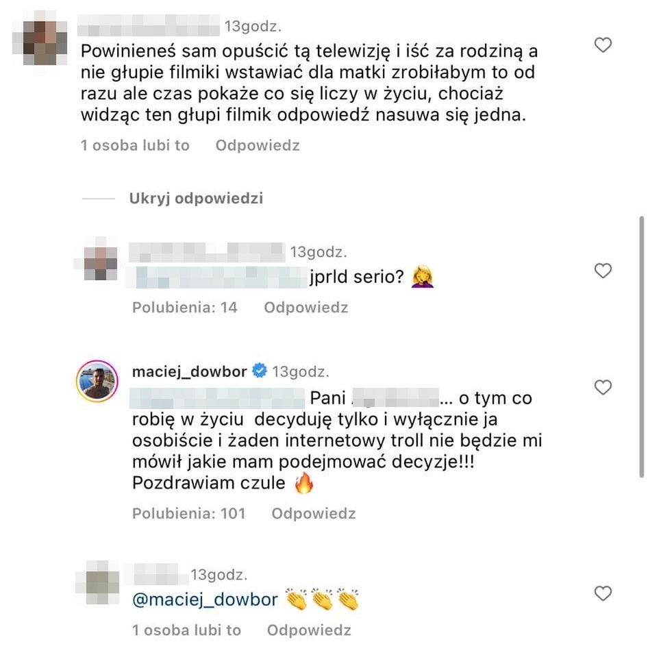 Maciej Dowbor odpowiada na sugestię internautki