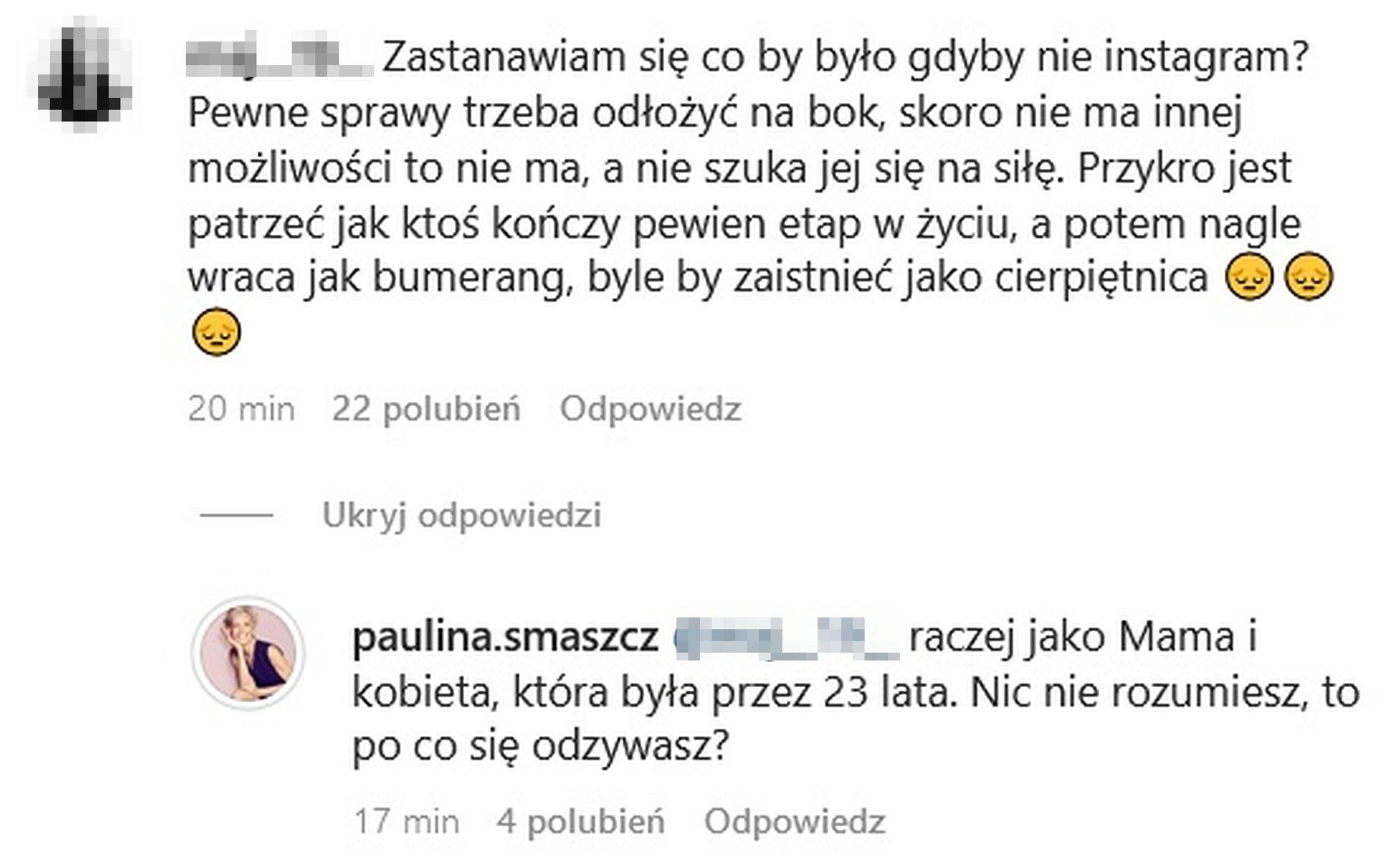 Paulina Smaszcz dyskutuje z internautami na Instagramie