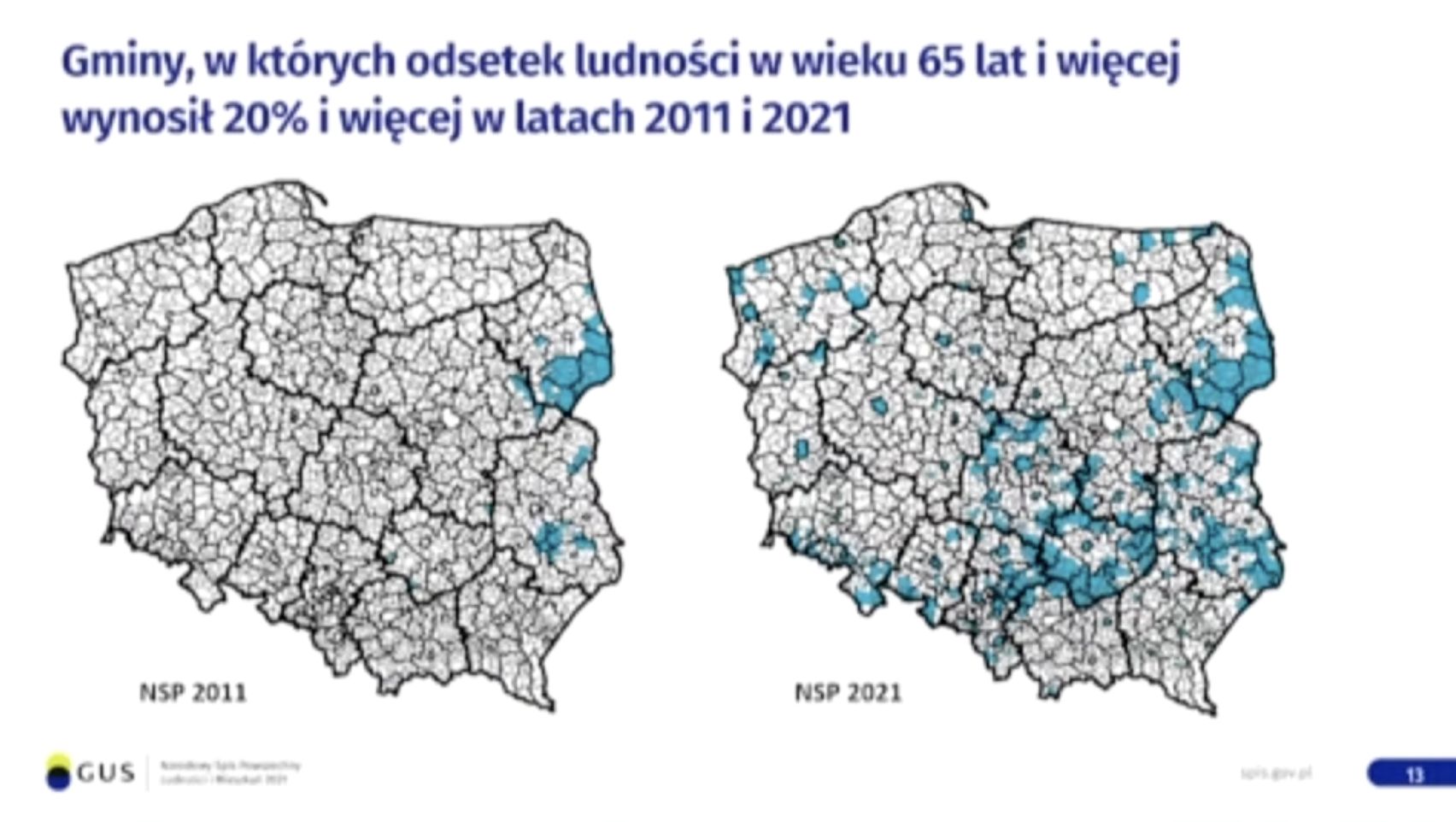 Gminy, w których odsetek ludności w wieku 65 lat i więcej przekracza 20 proc. Porównanie lat 2011 i 2021