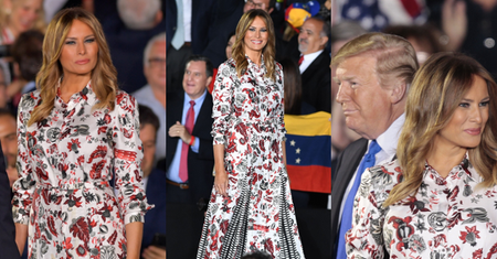 Sztywna Melania Trump przemawia na apelu ubrana w pstrokatą sukienkę za 10 tysięcy złotych (FOTO)