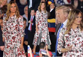 Sztywna Melania Trump przemawia na apelu ubrana w pstrokatą sukienkę za 10 tysięcy złotych (FOTO)