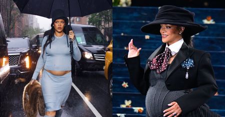 Skryta pod parasolem Rihanna przedziera się przez strugi deszczu z futrzanym kołnierzem w dłoni i CIĄŻOWYM BRZUCHEM na wierzchu