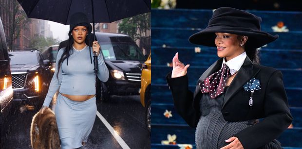 Skryta pod parasolem Rihanna przedziera się przez strugi deszczu z futrzanym kołnierzem w dłoni i CIĄŻOWYM BRZUCHEM na wierzchu