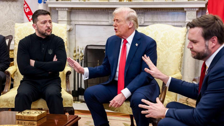 President Trump Meets Ukrainian President Zelenskiy At White House
Volodymyr Zelenskiy, Ukraine's president, from left, US President Donald Trump, and Vice President JD Vance during a meeting in the Oval Office of the White House in Washington, DC, US, on Friday, Feb. 28, 2025. Zelenskiy is meeting with Trump to discuss a deal that would allow the US to share in Ukraine's natural resources, hoping to start a discussion on security guarantees. Photographer: Jim Lo Scalzo/EPA/Bloomberg via Getty Images
Bloomberg
emea, international relations, north american, european, us, united states of america, americas, government news, 2025uspolitics, best photos, u.s.a., american, best photo, u.s. government, eastern european countries, foreign relations, ukrainian, the white house