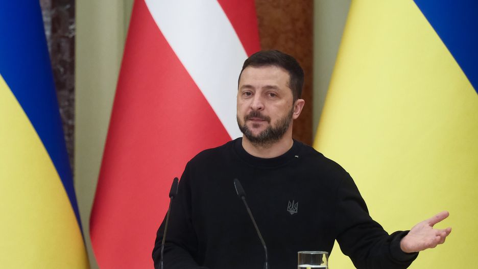 KYIV, UKRAINE - NOVEMBER 19: President of Ukraine Volodymyr Zelenskyi speaks during a joint press conference with Prime Minister of Denmark Mette Frederiksen on November 19, 2024 in Kyiv, Ukraine. Prime Minister Mette Frederiksen during a joint briefing with the Ukrainian president Volodymyr Zelenskyy said that Denmark would allocate 130 million euros for the development of the Ukrainian defense industry. (Photo by Vitalii Nosach/Global Images Ukraine via Getty Images)