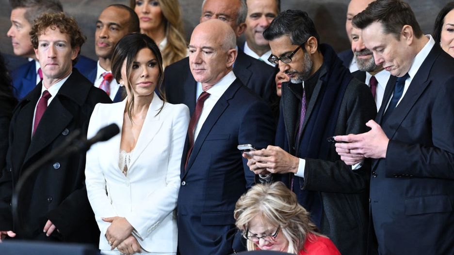 The Inauguration Of Donald J. Trump As The 47th President
WASHINGTON, DC - JANUARY 20: (L-R) CEO of Meta and Facebook Mark Zuckerberg, Lauren Sanchez, Amazon founder Jeff Bezos, Google CEO Sundar Pichai and Tesla and SpaceX CEO Elon Musk arrive for the inauguration of U.S. President-elect Donald Trump in the U.S. Capitol Rotunda on January 20, 2025 in Washington, DC. Donald Trump takes office for his second term as the 47th President of the United States. (Photo by Saul Loeb-Pool/Getty Images)
Pool
bestof, topix