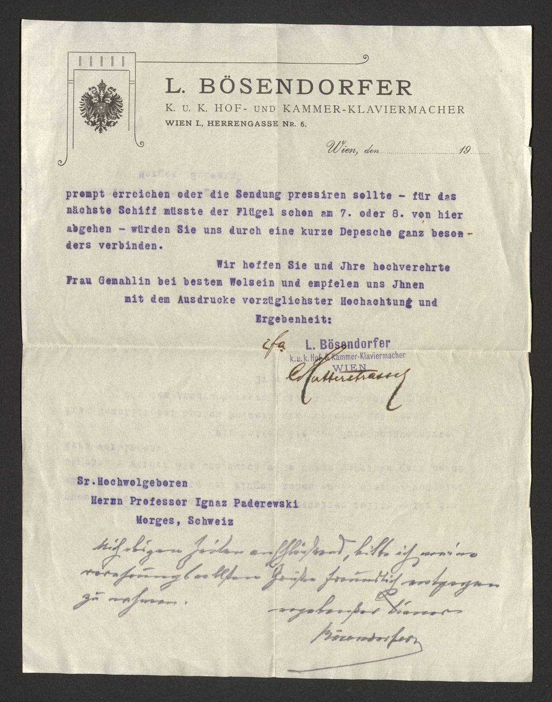 List do Ignacego Paderewskiego od firmy L. Bosendorfer