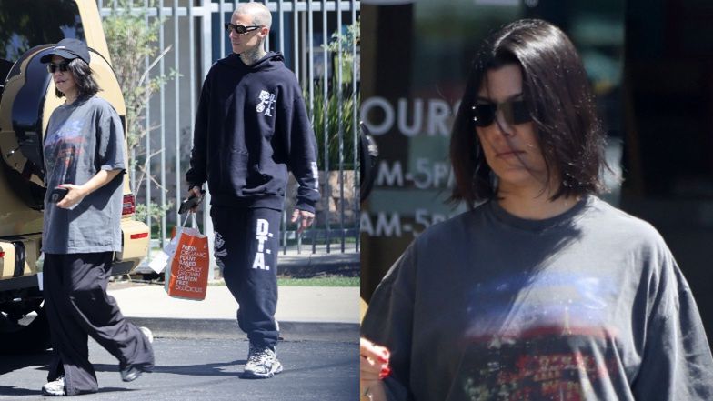 Świeżo upieczona żona Kourtney Kardashian maszeruje po zdrowe smoothies w workowatym ubraniu 