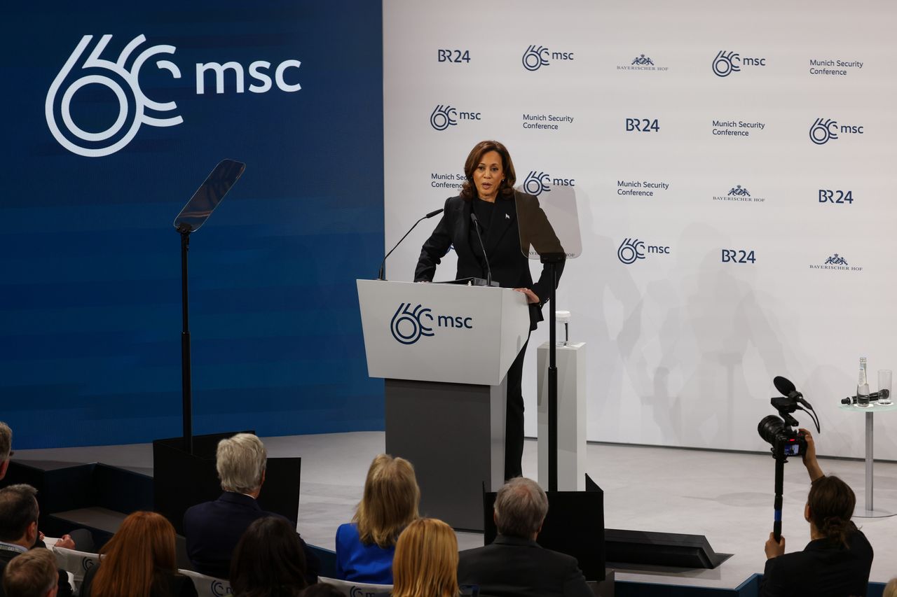 US Vice President Kamala Harris on the Munich Security Conference opening day in Munich, Germany, on Friday, Feb. 16, 2024. The 60th Munich Security Conference runs through Feb. 18, at a time when Russia's invasion of Ukraine is soon to reach a third year. Photographer: Alex Kraus/Bloomberg via Getty Images