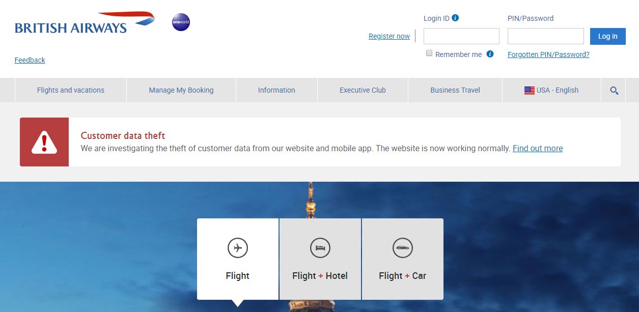 Strona główna British Airways z komunikatem o kradzieży danych.