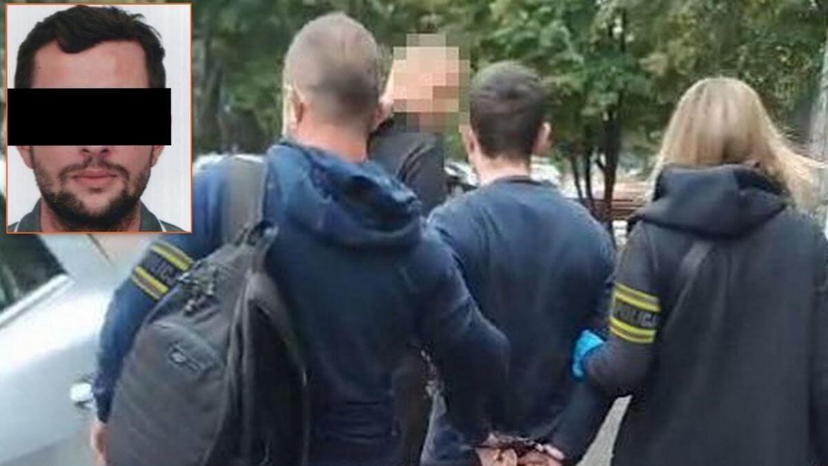 policjanci prowadzą aresztowanego oszusta