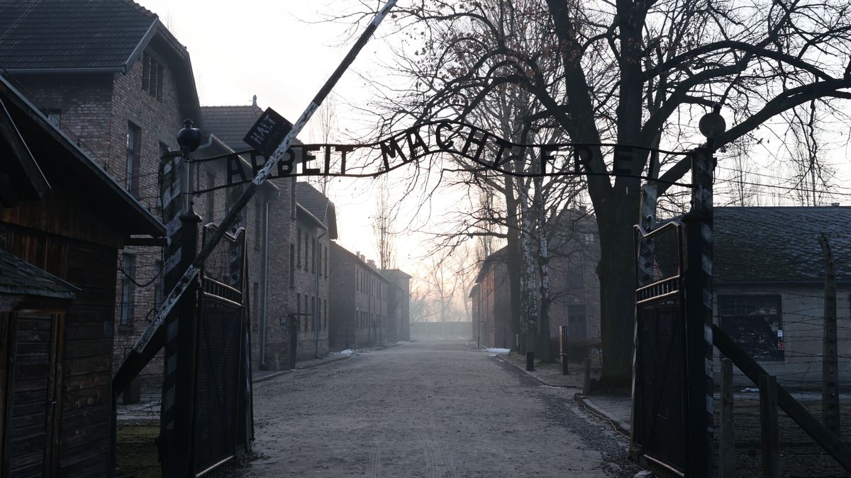 Arbeich Macht Frei sign during the 80th Anniversary of the liberation of Auschwitz-Birkenau ceremony in Oswiecim, Poland on January 27, 2025. (Photo by Jakub Porzycki/NurPhoto via Getty Images)