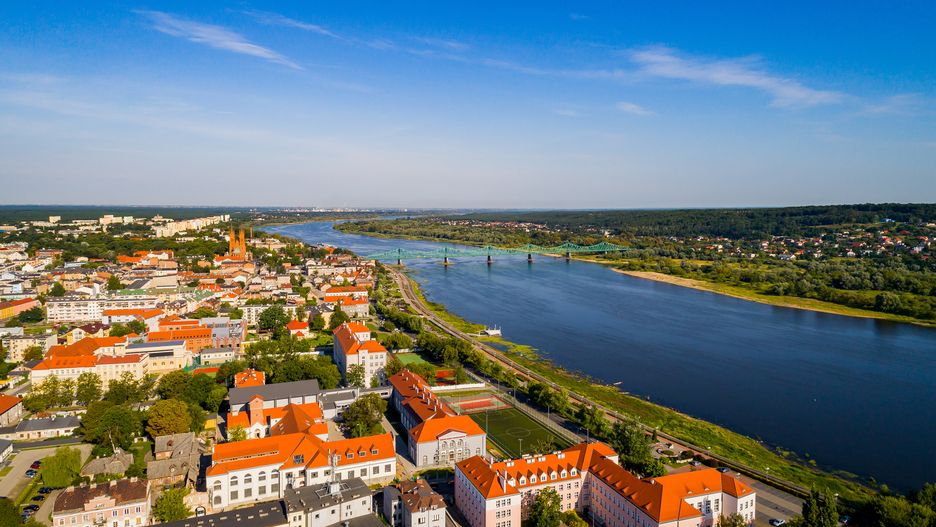 wiadukt, rzeka, panorama, krajobraz, miasto, lato, dron, most, polska, bazylika, katedra, niebo