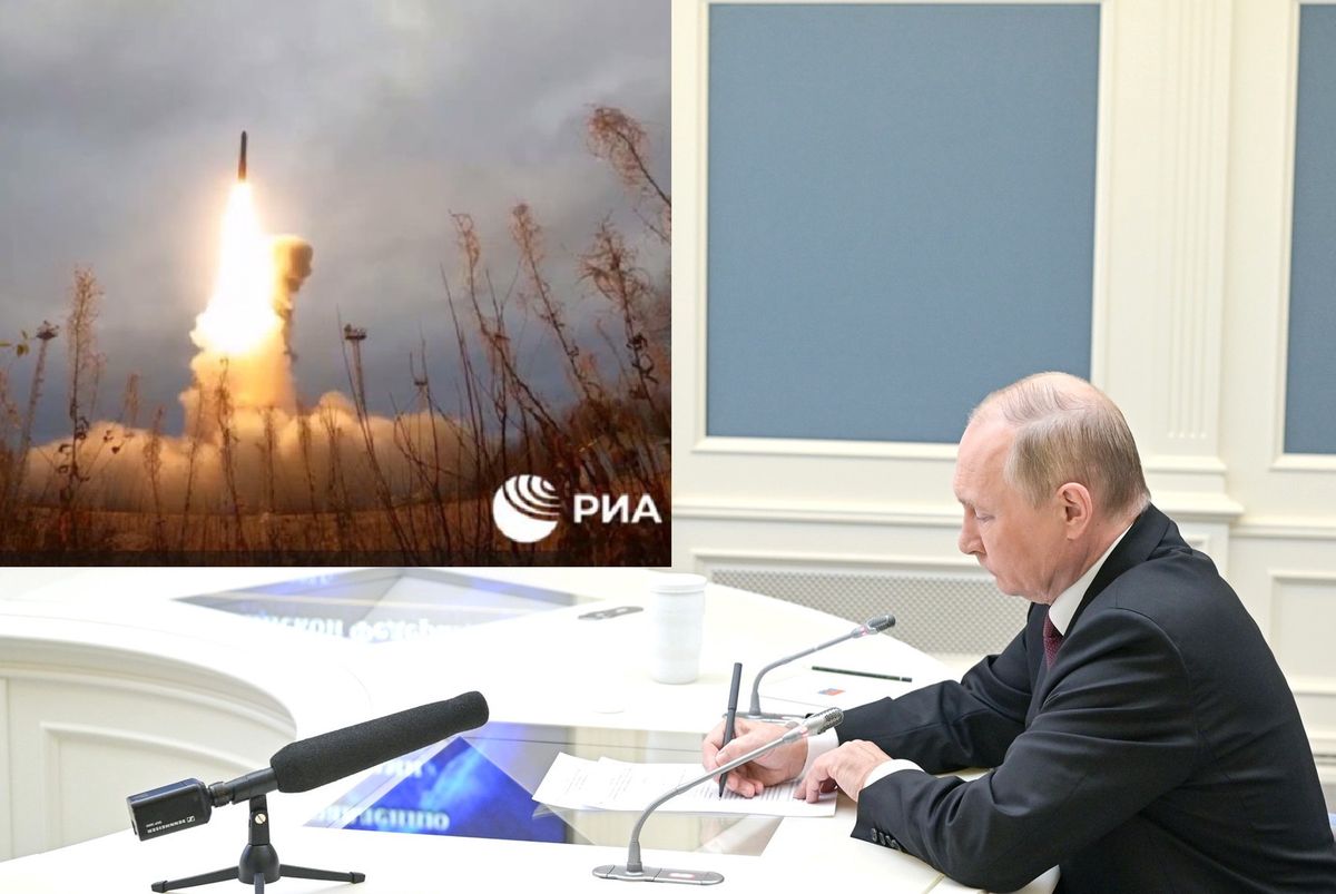 Władimir Putin podczas ostatnich ćwiczeń jądrowych. Na mniejszym zdjęciu start pocisku balistycznego Yars na poligonie na Kamczatce