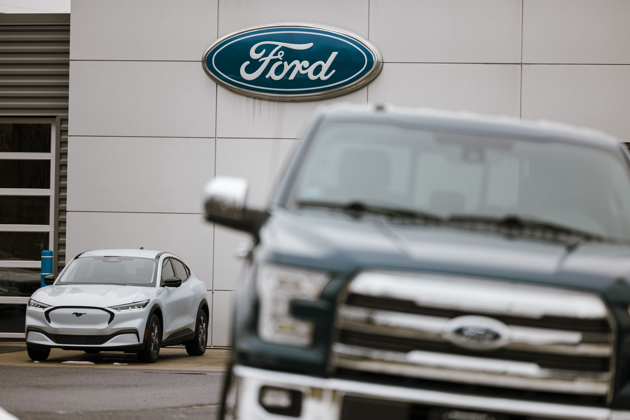 Vehicles at a Ford dealership in New Lebanon, New York, US, on Thursday, Jan. 25, 2024. Ford Motor Co. is scheduled to release earnings figures on February 6. Photographer: Angus Mordant/Bloomberg via Getty Images