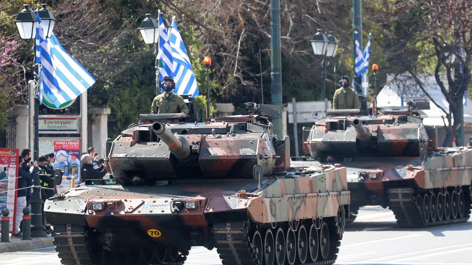 ATHENS, GREECE - MARCH 25: Tanks drive through the streets during the Greek Independence Day Military Parade at Syntagma Square on March 25, 2021 in Athens, Greece. The visit is to celebrate the bicentenary of Greek independence. (Photo by Chris Jackson/Getty Images)