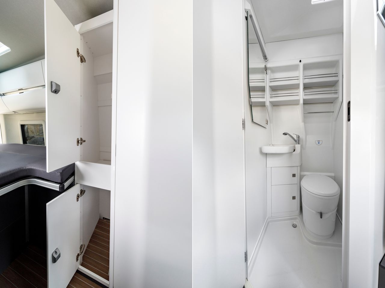 Grand California 680 ma dodatkową szafkę pomiędzy sypialnią, a łazienką. Ta jest identyczna w obu wariantach.