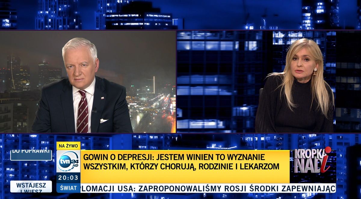 Monika Olejnik w trakcie rozmowy z Jarosławem Gowinem na antenie TVN24