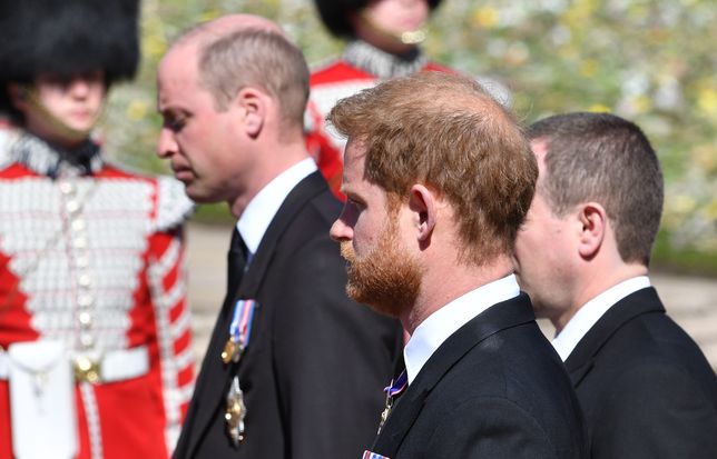 The Funeral Of Prince Philip, Duke Of Edinburgh Is Held In Windsor
WINDSOR, ENGLAND - APRIL 17: Prince William, Duke of Cambridge; Prince Harry, Duke of Sussex and Peter Phillips walk behind Prince Philip, Duke of Edinburgh's coffin, carried by a Land rover hearse, in a procession during the funeral of Prince Philip, Duke of Edinburgh at Windsor Castle on April 17, 2021 in Windsor, United Kingdom. Prince Philip of Greece and Denmark was born 10 June 1921, in Greece. He served in the British Royal Navy and fought in WWII. He married the then Princess Elizabeth on 20 November 1947 and was created Duke of Edinburgh, Earl of Merioneth, and Baron Greenwich by King VI. He served as Prince Consort to Queen Elizabeth II until his death on April 9 2021, months short of his 100th birthday. His funeral takes place today at Windsor Castle with only 30 guests invited due to Coronavirus pandemic restrictions. (Photo by Mark Large-WPA Pool/Getty Images)
WPA Pool
royal family, windsor castle, funerals, st. george, prince philip, duke of edinburgh, phillip