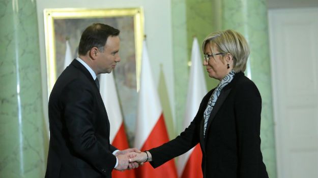 Prezydent Andrzej Duda i Julia Przyłębska podczas zaprzysiężenia na sędzię Trybunału Konstytucyjnego