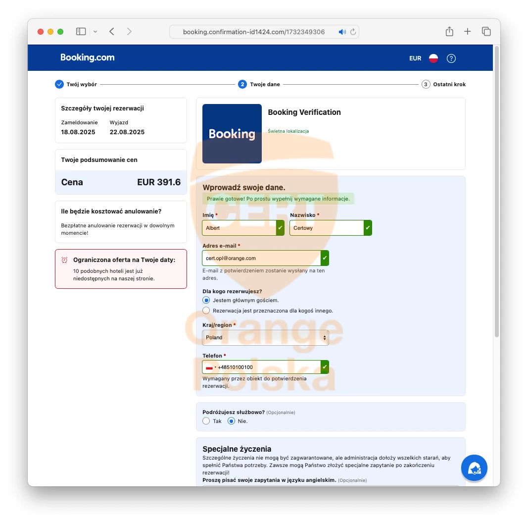 Fałszywa strona Booking.com