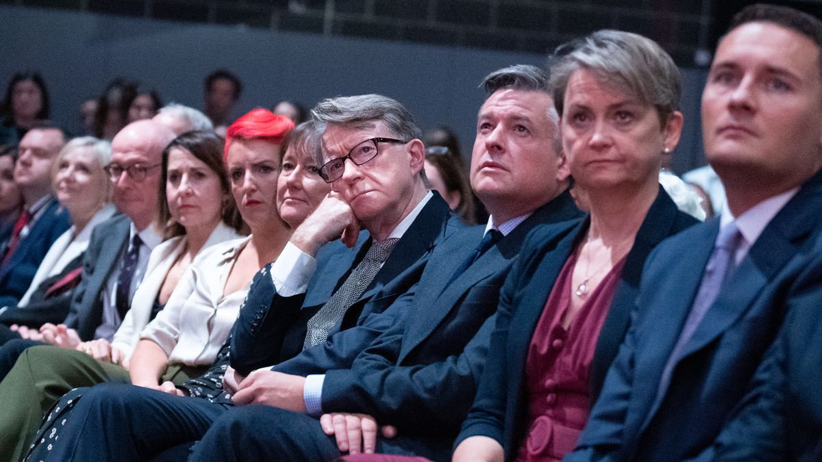 Lord Peter Mandelson (centre) listens as shadow chancellor Rachel Reeves delivers her keynote speech to the Labour Party Conference in Liverpool. Picture date: Monday October 9, 2023. (Photo by Stefan Rousseau/PA Images via Getty Images)