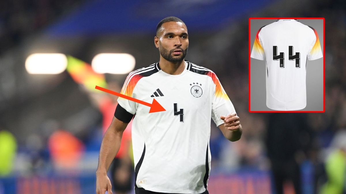 Jonathan Tah, w ramce: koszulka reprezentacji Niemiec z oficjalnej strony Adidasa