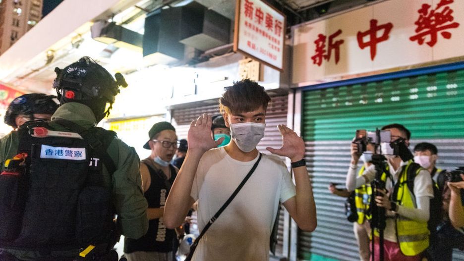 Hong Kong Marks One Year Since The Yuen Long Mob Attack
A young man lifts his hands as he is let go by riot police during a clearance in the streets of Yuen Long in Hong Kong, China, on July 21, 2020. (Photo by Marc Fernandes/NurPhoto via Getty Images)
NurPhoto
streets of yuen, clearance, marc fernandes, nurphoto, young man, hands, person, man