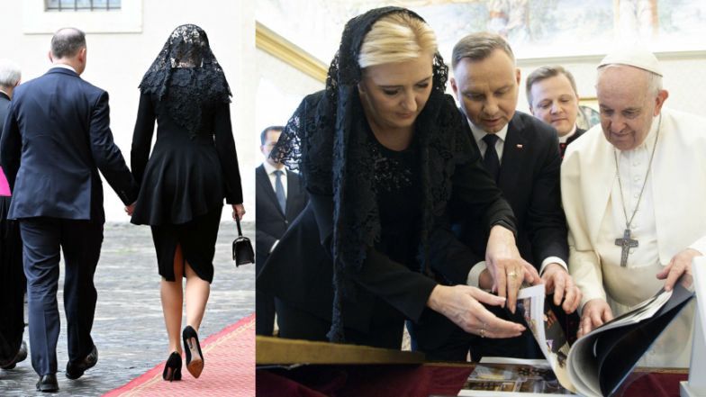 Agata Duda odwiedza papieża Franciszka w gustownej mantylce i spódnicy z rozcięciem (ZDJĘCIA)