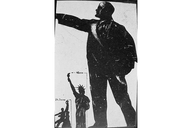 Porównanie wielkości - słynny pomnik "Robotnik i kołchoźnica", Statua Wolności i planowany pomnik Lenina