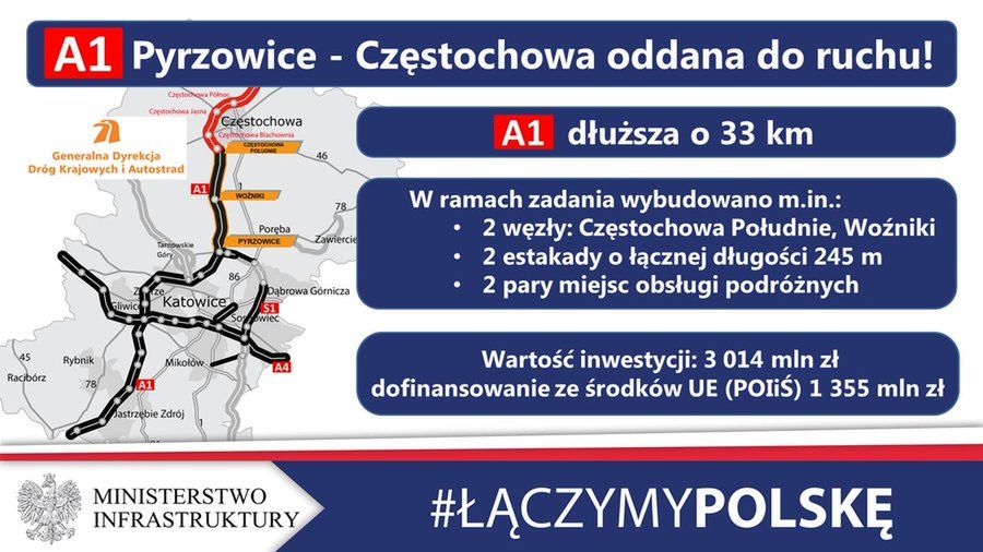 Autostrady A1. Nowo otwarty odcinek Pyrzowice-Częstochowa Blachownia. 