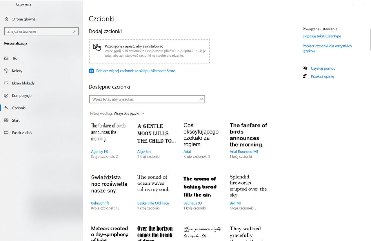 Ustawienia czcionek. Dodatkowe można pobierać z Microsoft Store.