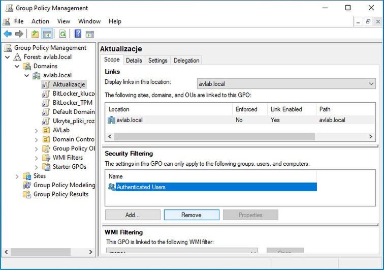 Security Filtering w edycji GPO.