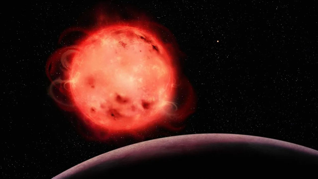 Artystyczna wizja układu TRAPPIST-1 i planety TRAPPIST-1b na pierwszym planie.