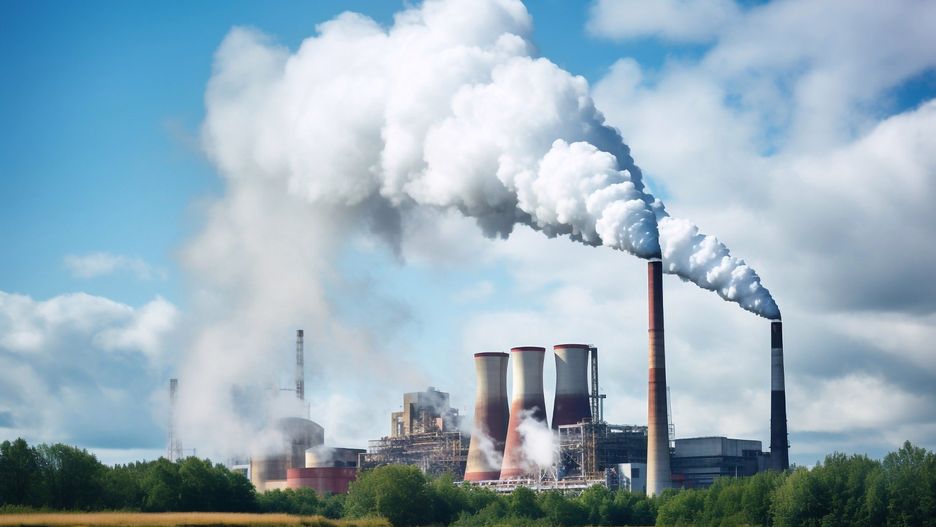 Greenhouse gas emissions CO2 from the pipes of power plants. CO2 capture and storage concept for mitigation. AI generated