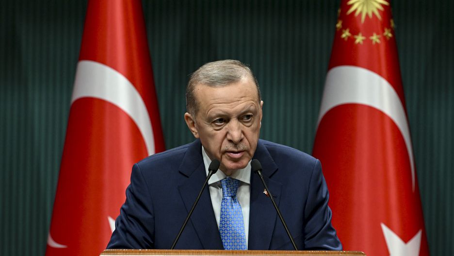 ANKARA, TURKIYE - OCTOBER 31: Turkish President Recep Tayyip Erdogan makes remarks following a cabinet meeting at the Presidential Complex in Ankara, Turkiye on October 31, 2023. (Photo by Muhammed Selim Korkutata/Anadolu via Getty Images)