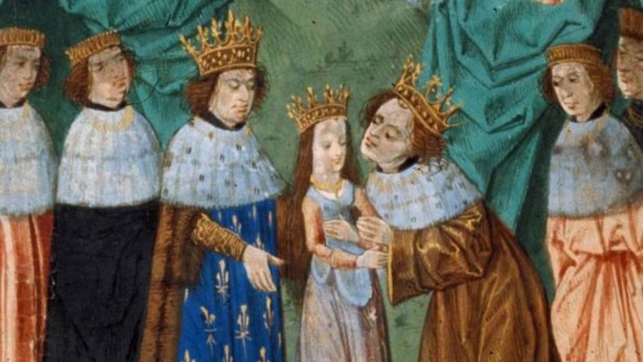 Angielski król Ryszard II i jego sześcioletnia narzeczona, prowadzona przez ojca na ślubny kobierzec. Miniatura z końca XV w.