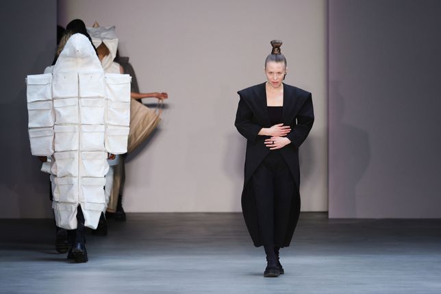 BERLIN, GERMANY - JANUARY 18: Designer Irina Dzhus walks the runway at the Dzhus x NEWEST runway show during the Berlin Fashion Week AW23 at Kant-Garagen on January 18, 2023 in Berlin, Germany. (Photo by Andreas Rentz/Getty Images for NEWEST 2023)