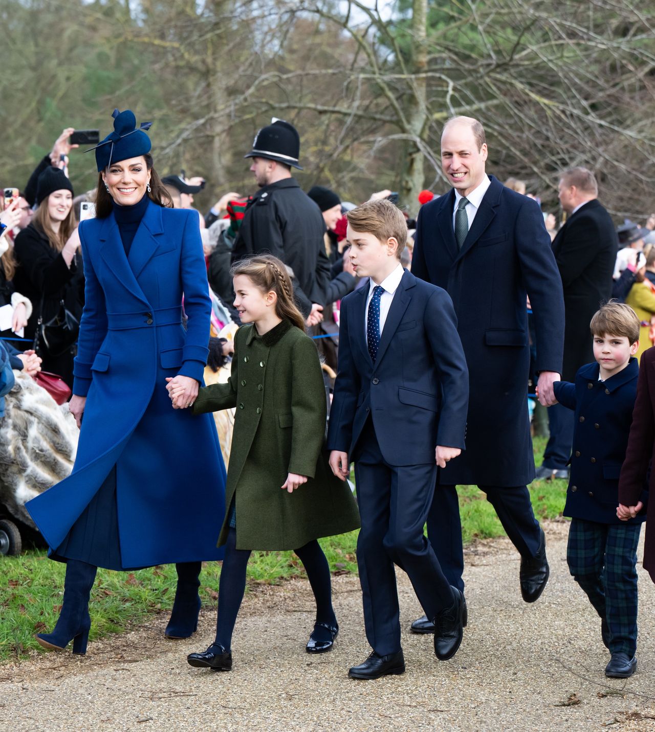 SANDRINGHAM, NORFOLK - DECEMBER 25: Catherine, Princess of Wales, Princess Charlotte of Wales, Prince George of Wales, Prince William, Prince of Wales, Prince Louis of Wales attend the Christmas Morning Service at Sandringham Church on December 25, 2023 in Sandringham, Norfolk. (Photo by Samir Hussein/WireImage)