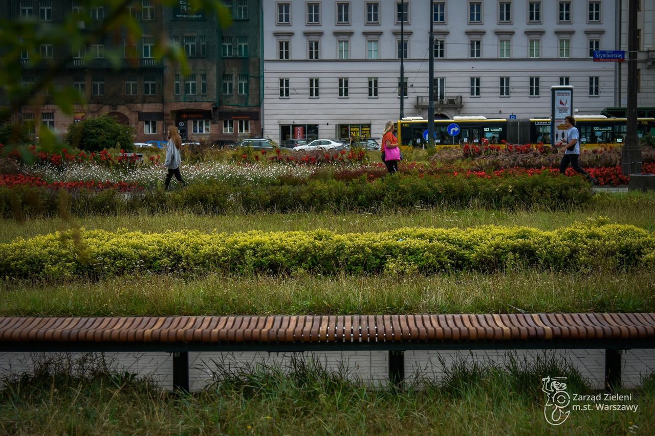 Warszawa. Repliki ławek z lat 60-tych na pl. Defilad